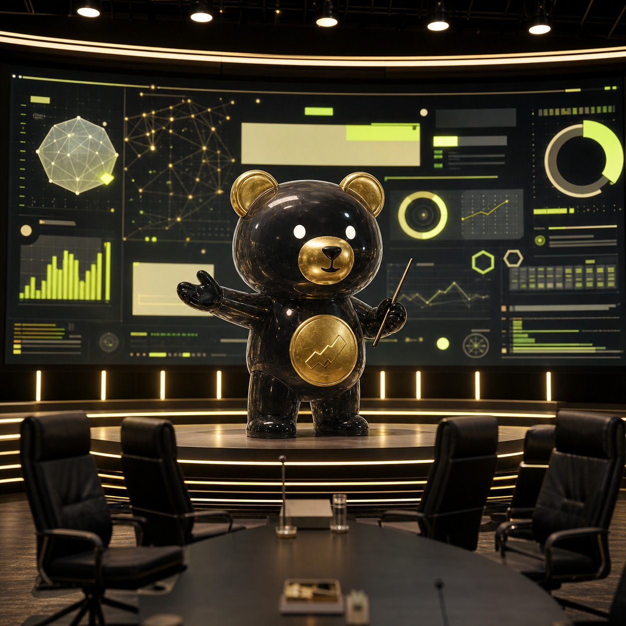 BAPO Bear presenting a vaporware pitch deck in an empty conference room.