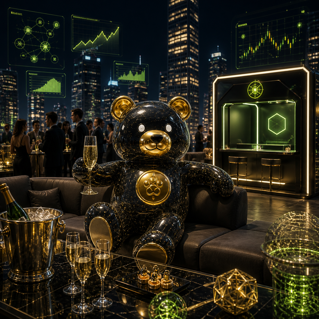 BAPO Bear at a luxury crypto rooftop event.