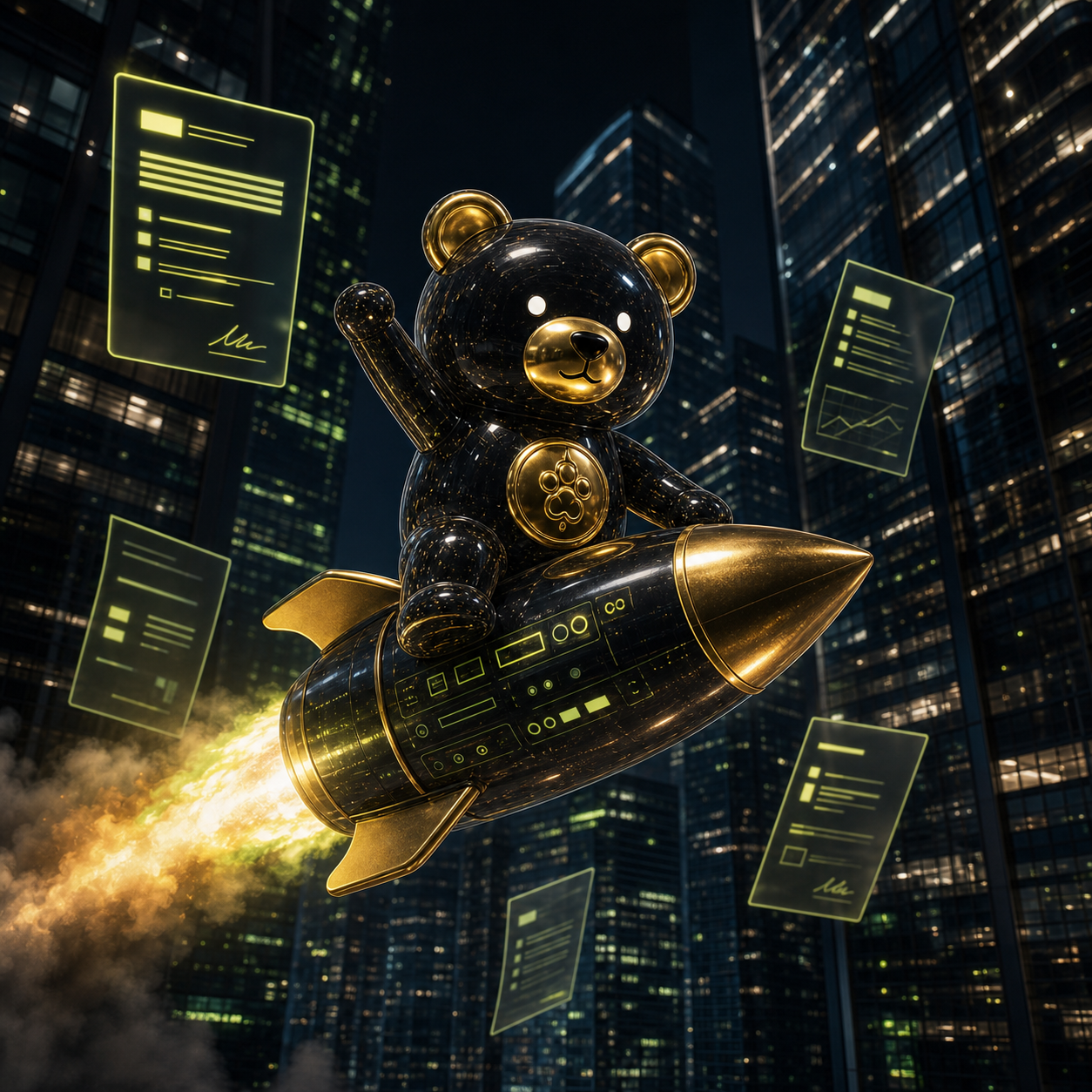 BAPO Bear riding a tiny rocket over empty office towers.
